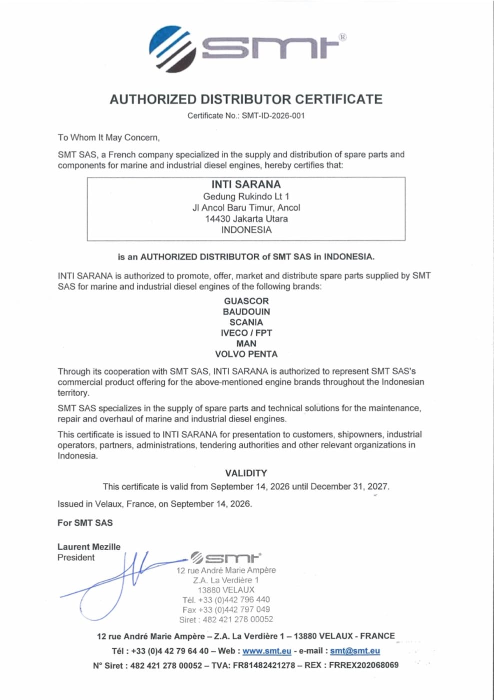 SMT SAS authorized distributor certificate for INTI SARANA